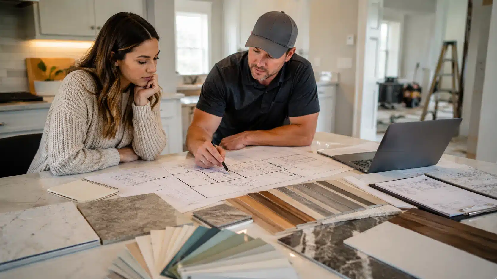 homeowner and builder review plans, samples, and schedule before construction work begins