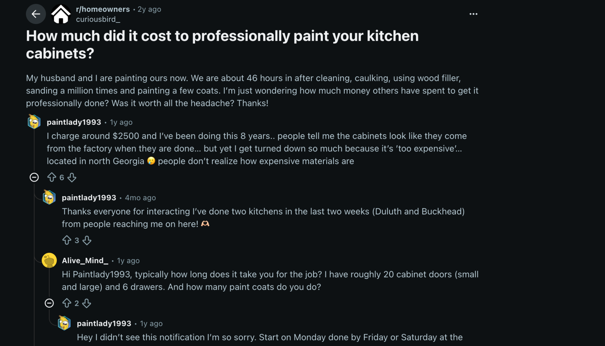 reddit thread about kitchen cabinet painting cost