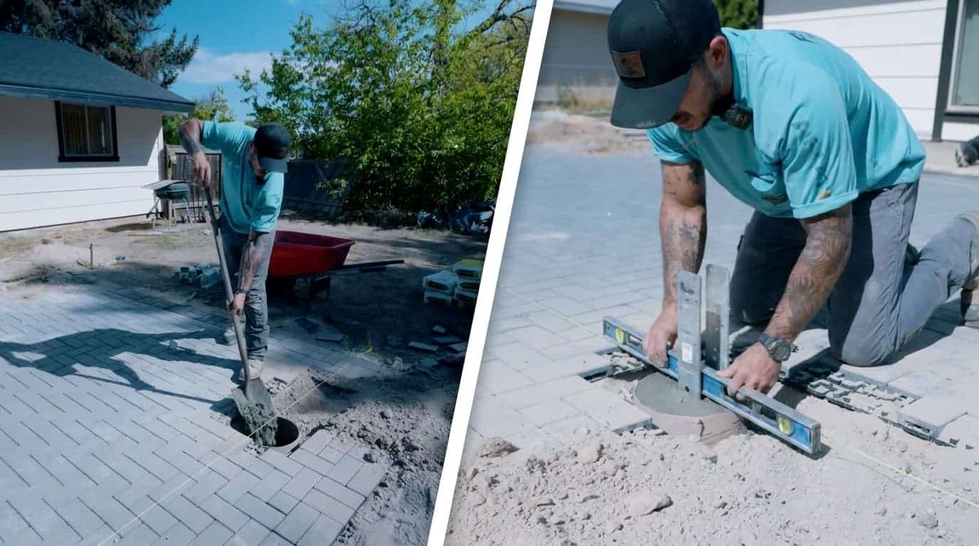 concrete pergola footings with metal post anchors aligned by string line and level tool