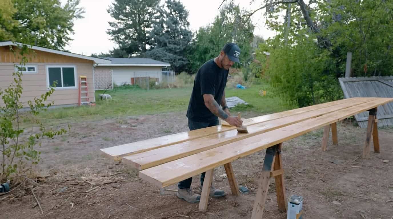 pergola lumber being sealed on sawhorses while concrete footings cure nearby