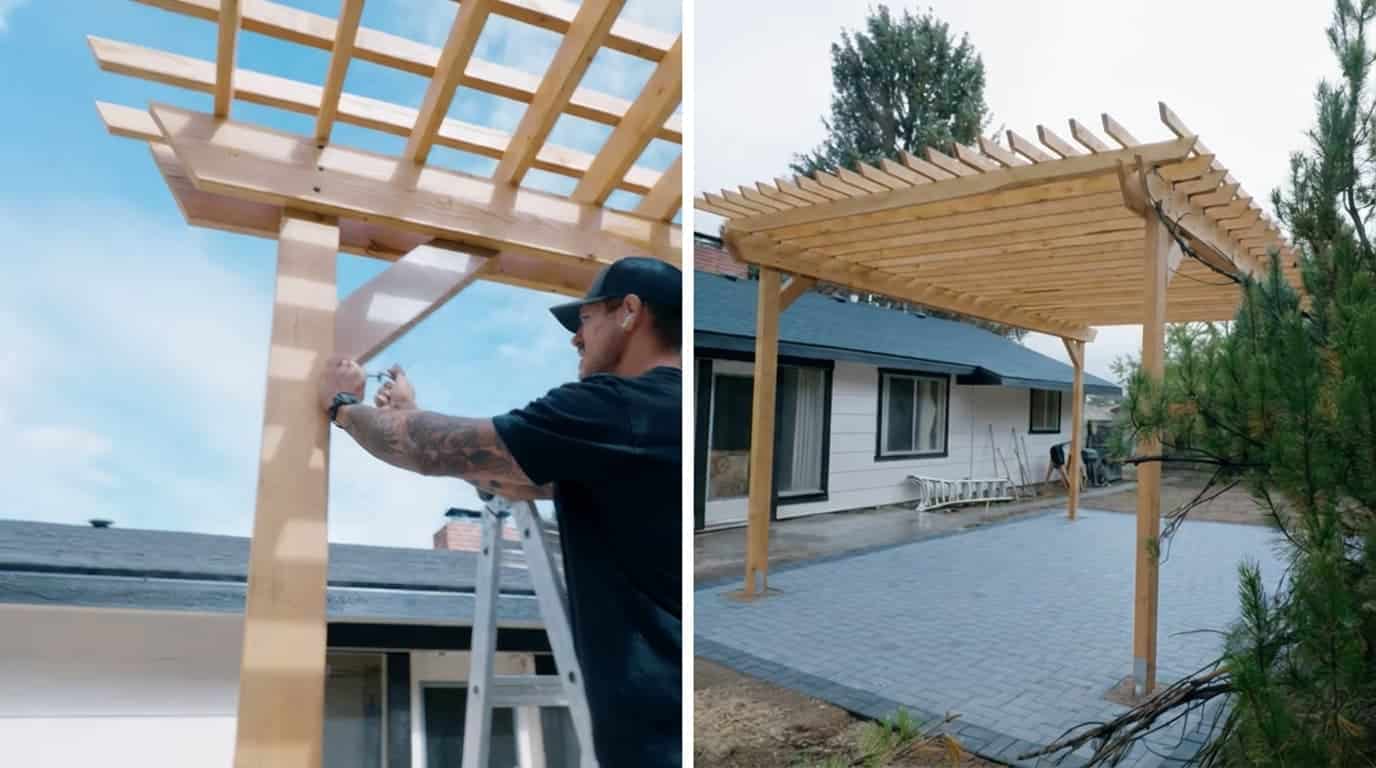 finished pergola with decorative braces and hardware being checked for alignment and strength