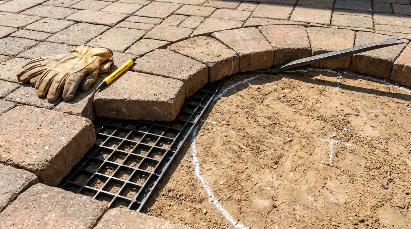 patio pavers removed and footing spots marked for a diy pergola post base