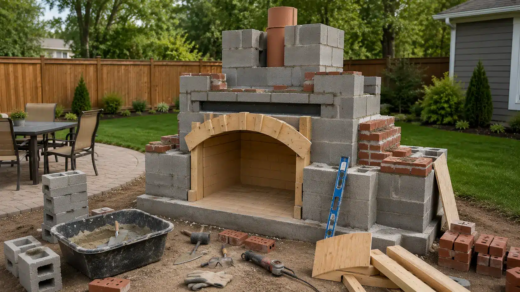 partially built backyard fireplace showing block shell, chimney liner, arch support, and masonry tools