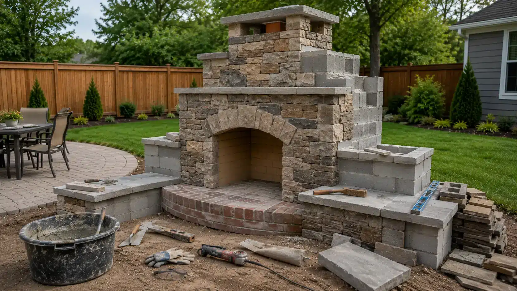 nearly finished backyard fireplace with stone veneer, hearth, capstone, tools, and exposed block areas