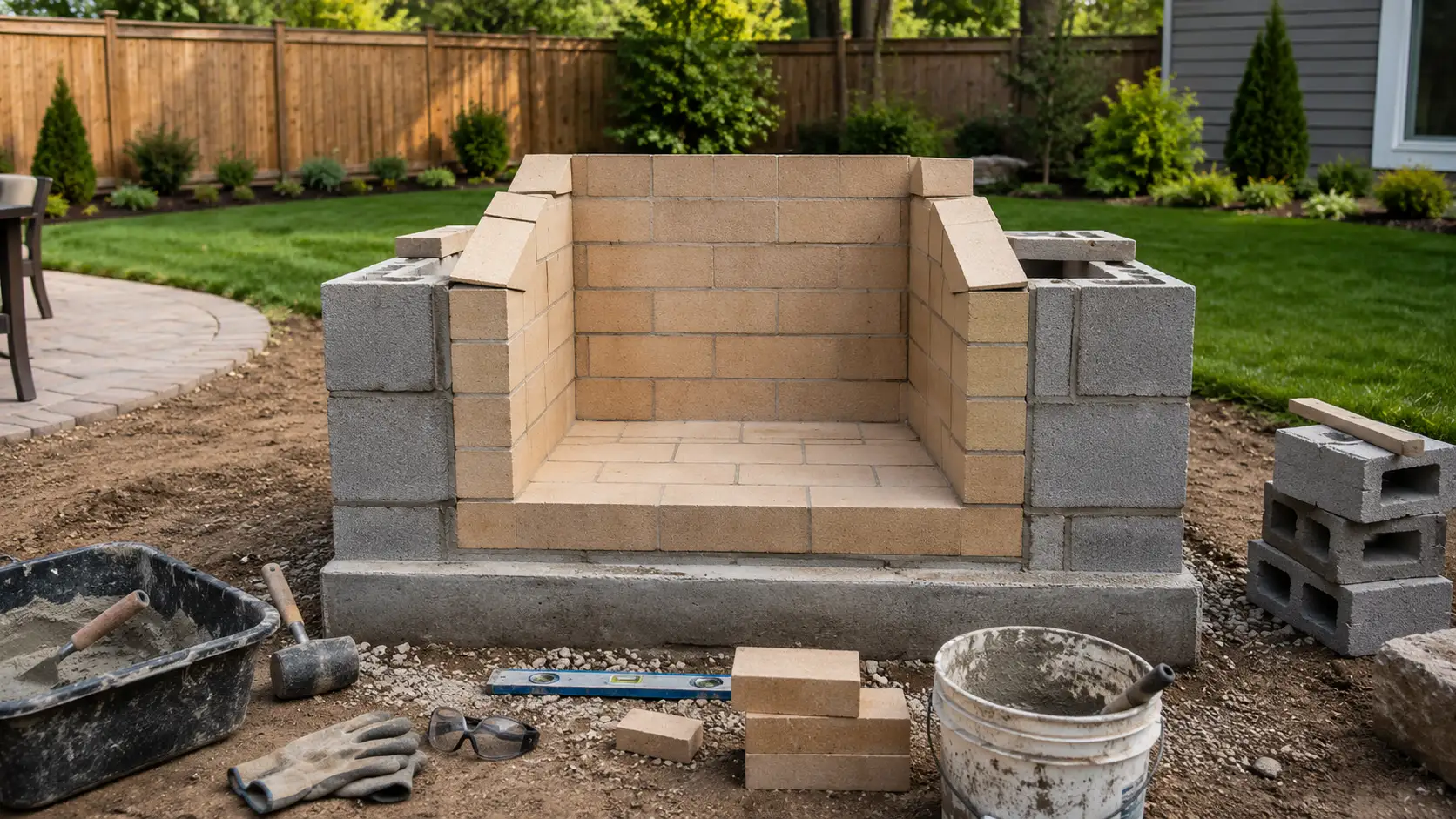 partially built block fireplace on patio with tools, materials, grass, fence, and soft daylight nearby