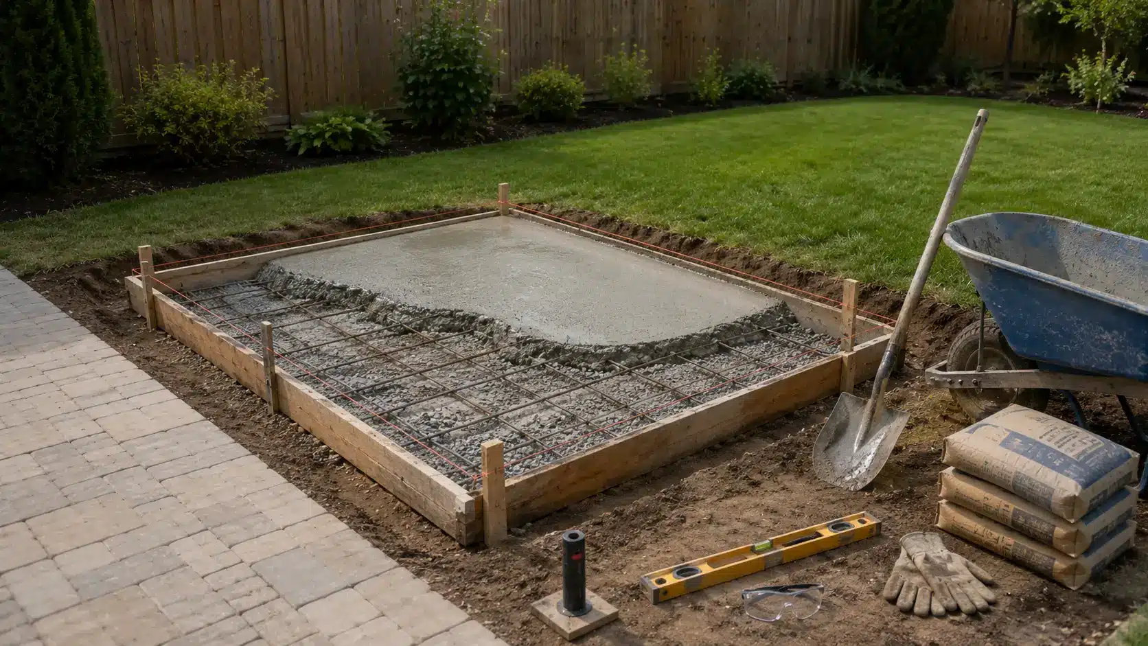 poured concrete outdoor fireplace foundation with rebar reinforcement