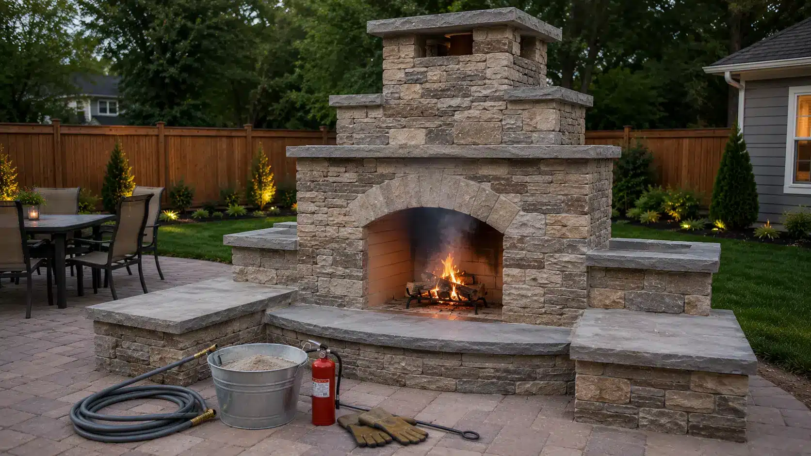 finished backyard fireplace with small test fire, rising smoke, safety gear, and clean patio