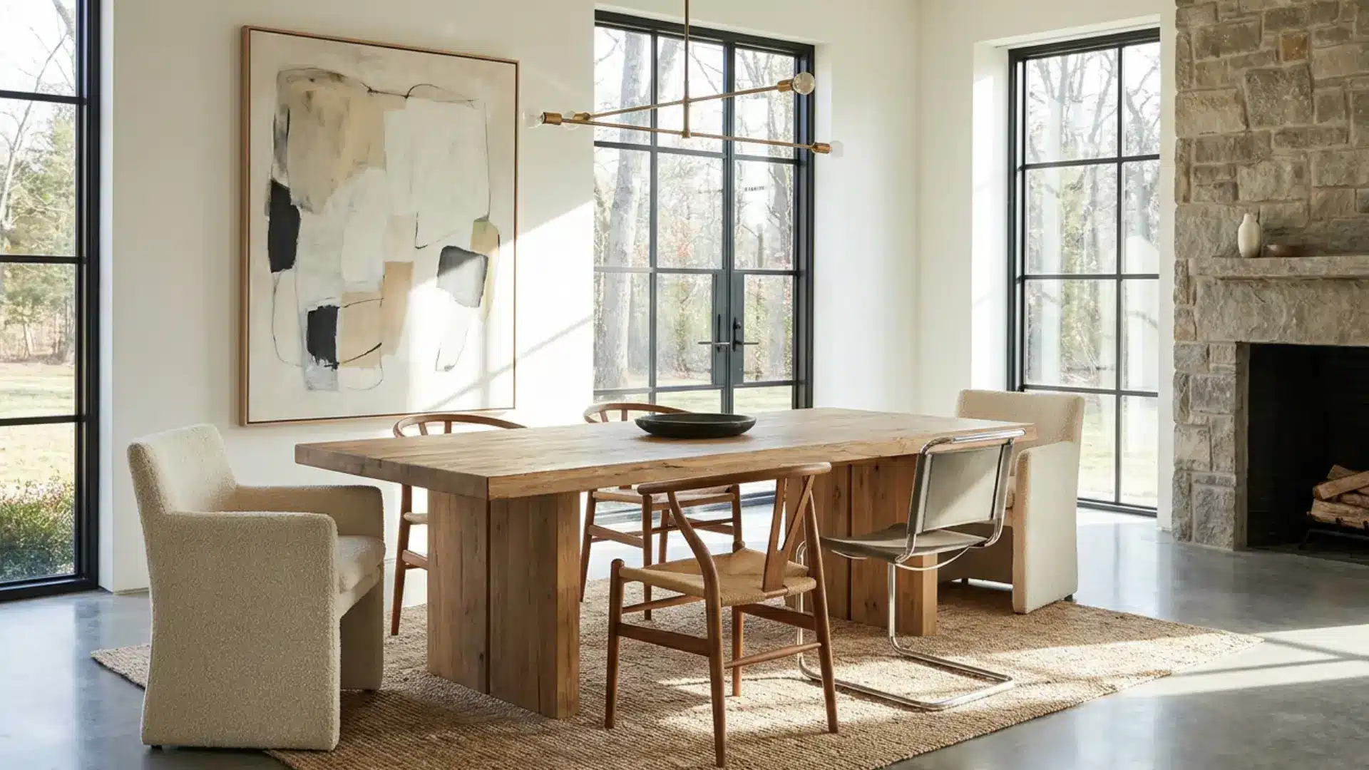modern dining room with mixed dining chair styles around table showing wooden upholstered and armchair designs