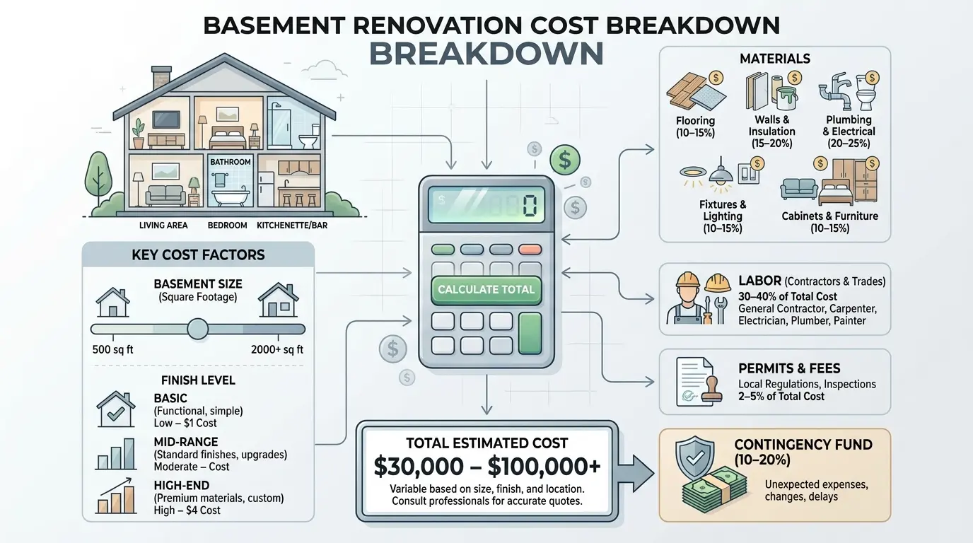 infographic showing basement renovation elements and cost breakdown for estimating basement finishing cost