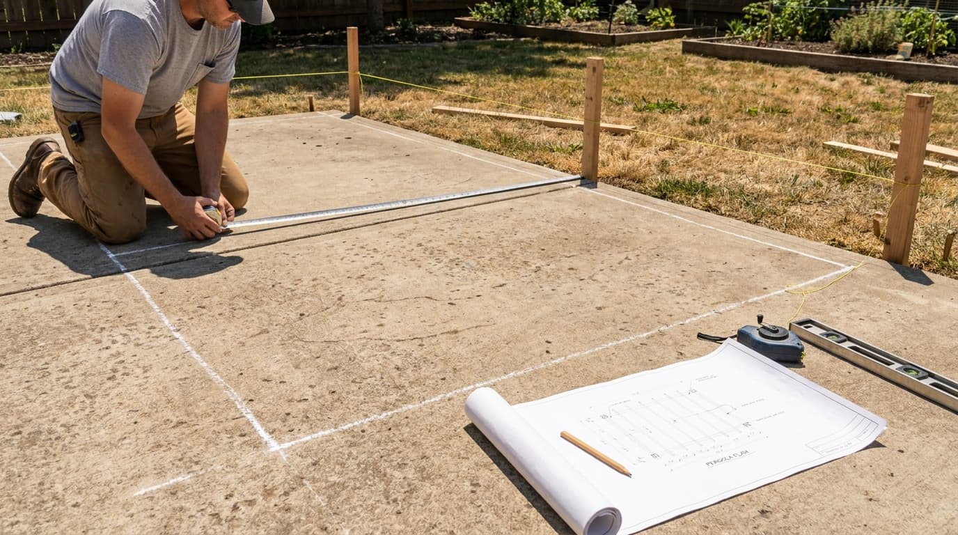 pergola size and layout being marked on a patio with string tape and plan sketch