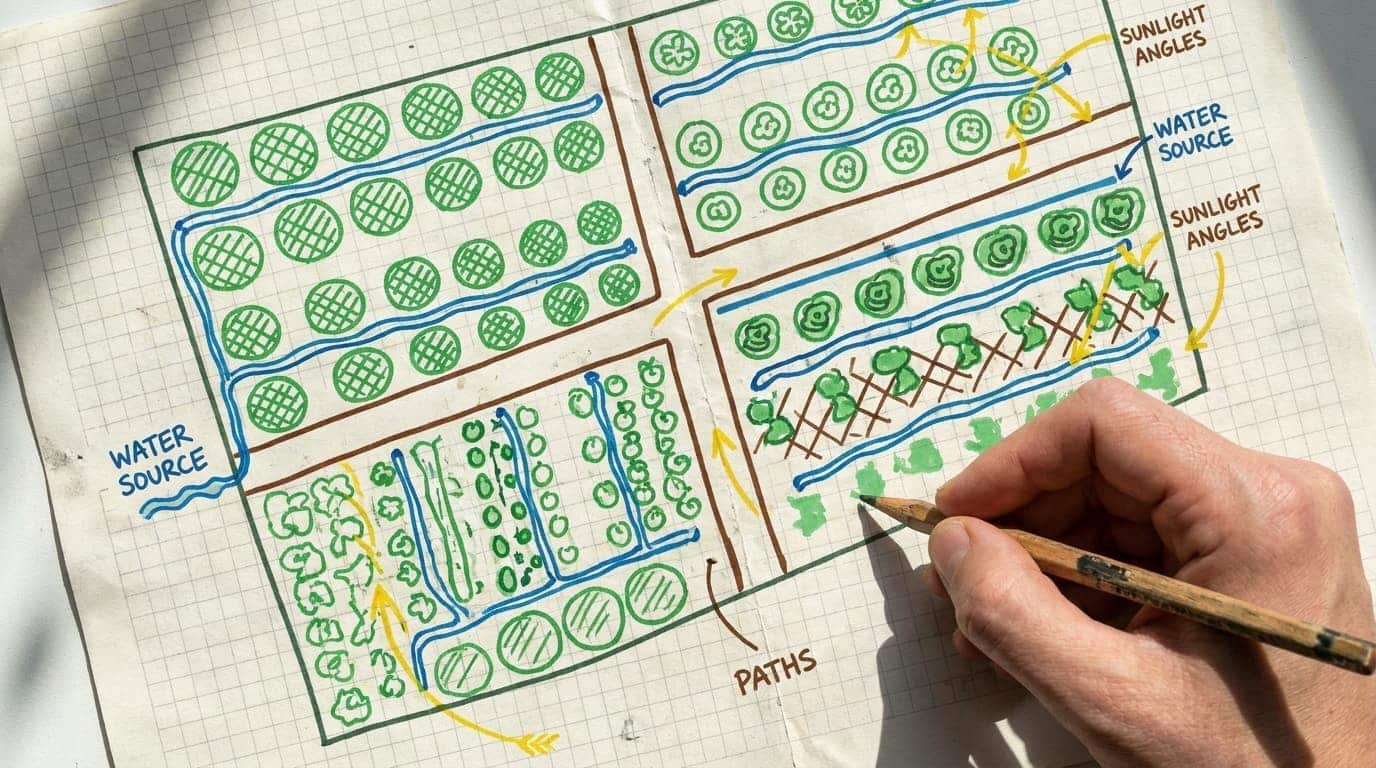 hyper realistic top down vegetable garden layout on graph paper with markers showing spacing paths sun and water (1)