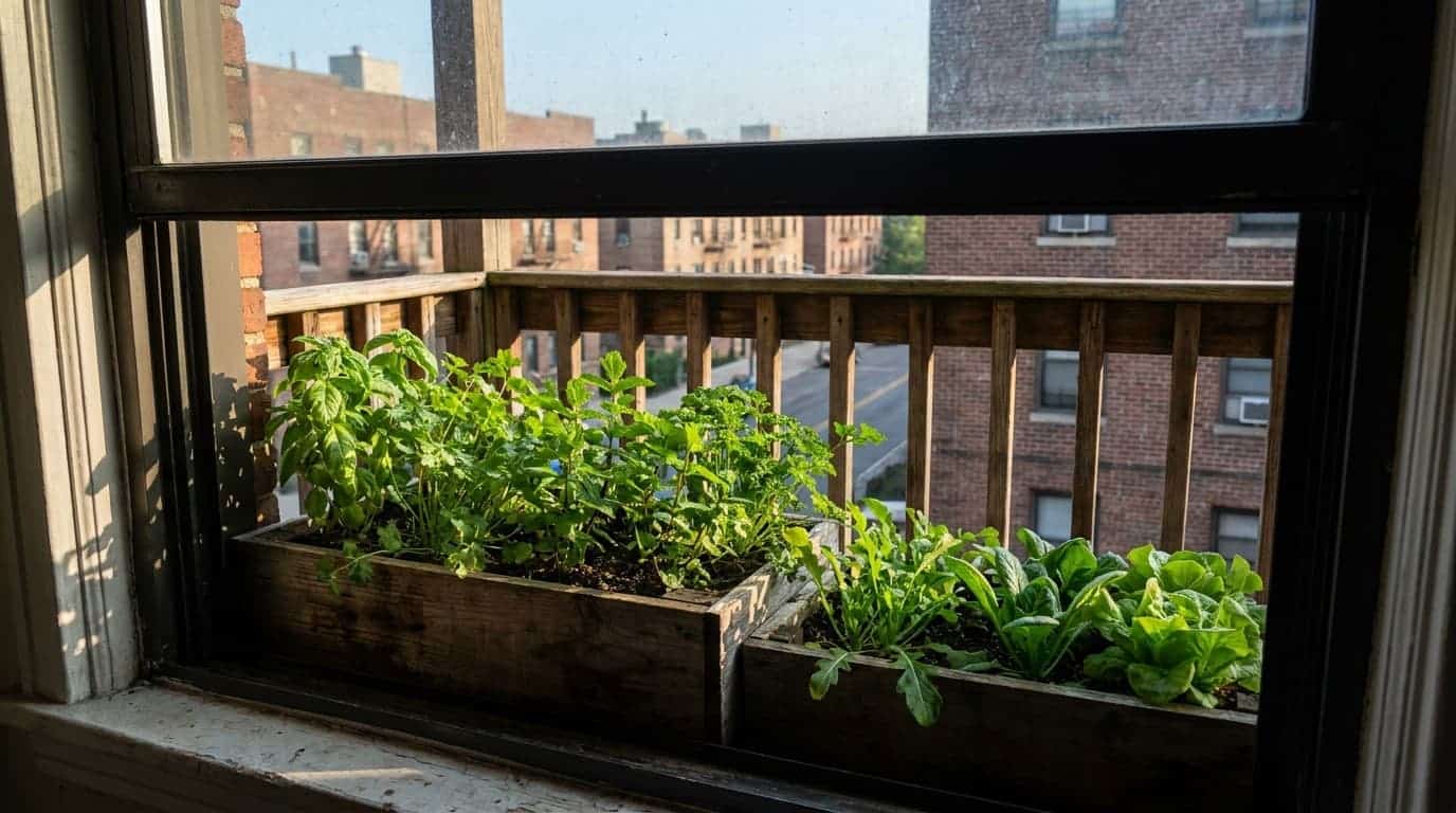 hyper realistic wooden window boxes on balcony with herbs baby greens and compact lettuce in sunlight (1)
