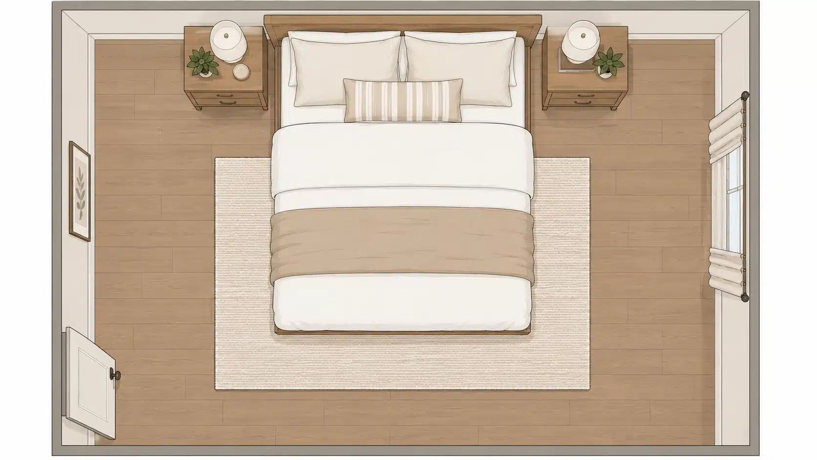 illustrated top view of a queen bed with a 5 x 7 rug under the lower half of the bed
