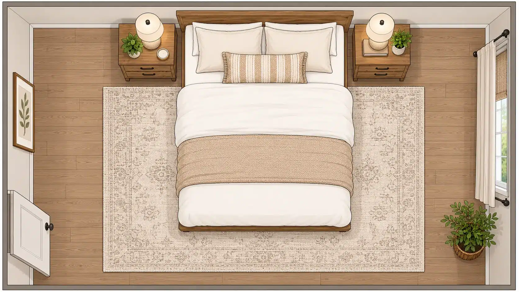 illustrated top view of a queen bed with a 5 x 8 rug showing compact but useful coverage