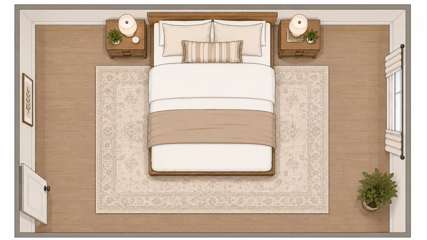illustrated top view of a queen bed with a 6 x 9 rug giving balanced side and foot coverage
