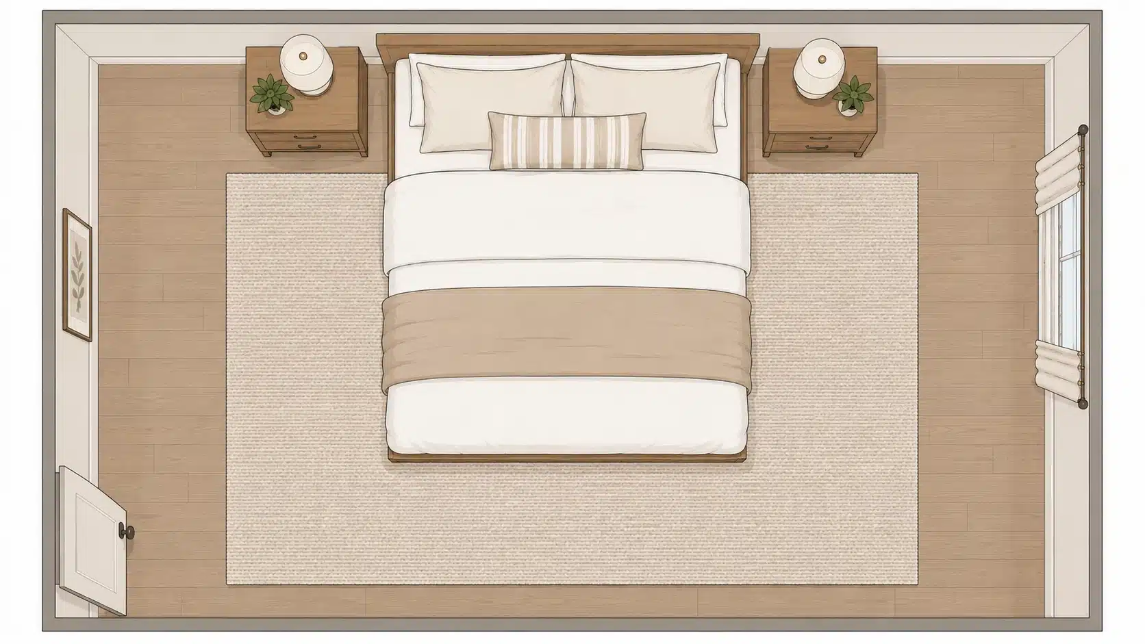 illustrated top view of a queen bed with a 7 x 10 rug and wider visible coverage around the bed