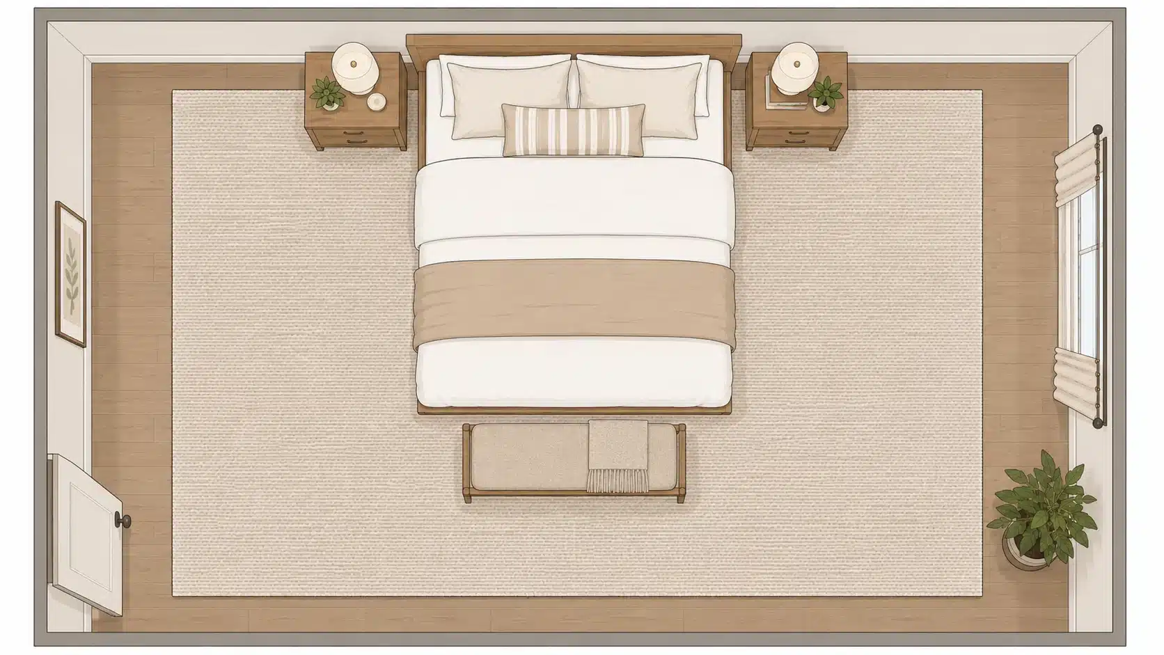 illustrated top view of a queen bed with a 9 x 12 rug showing the largest layout coverage