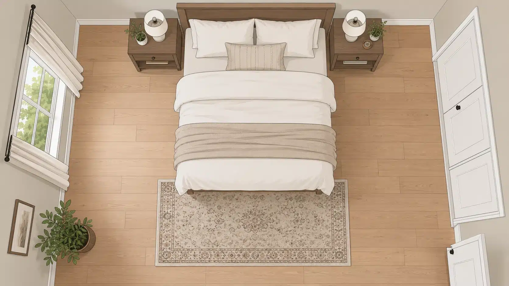 illustrated top view of a queen bed with a small rug placed near the foot for limited coverage