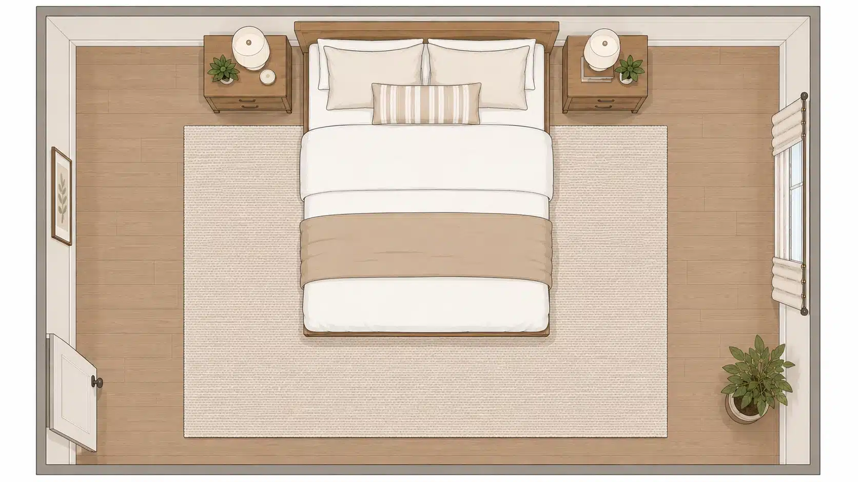 illustrated top view of a queen bed with an 8 x 10 rug showing full and balanced coverage