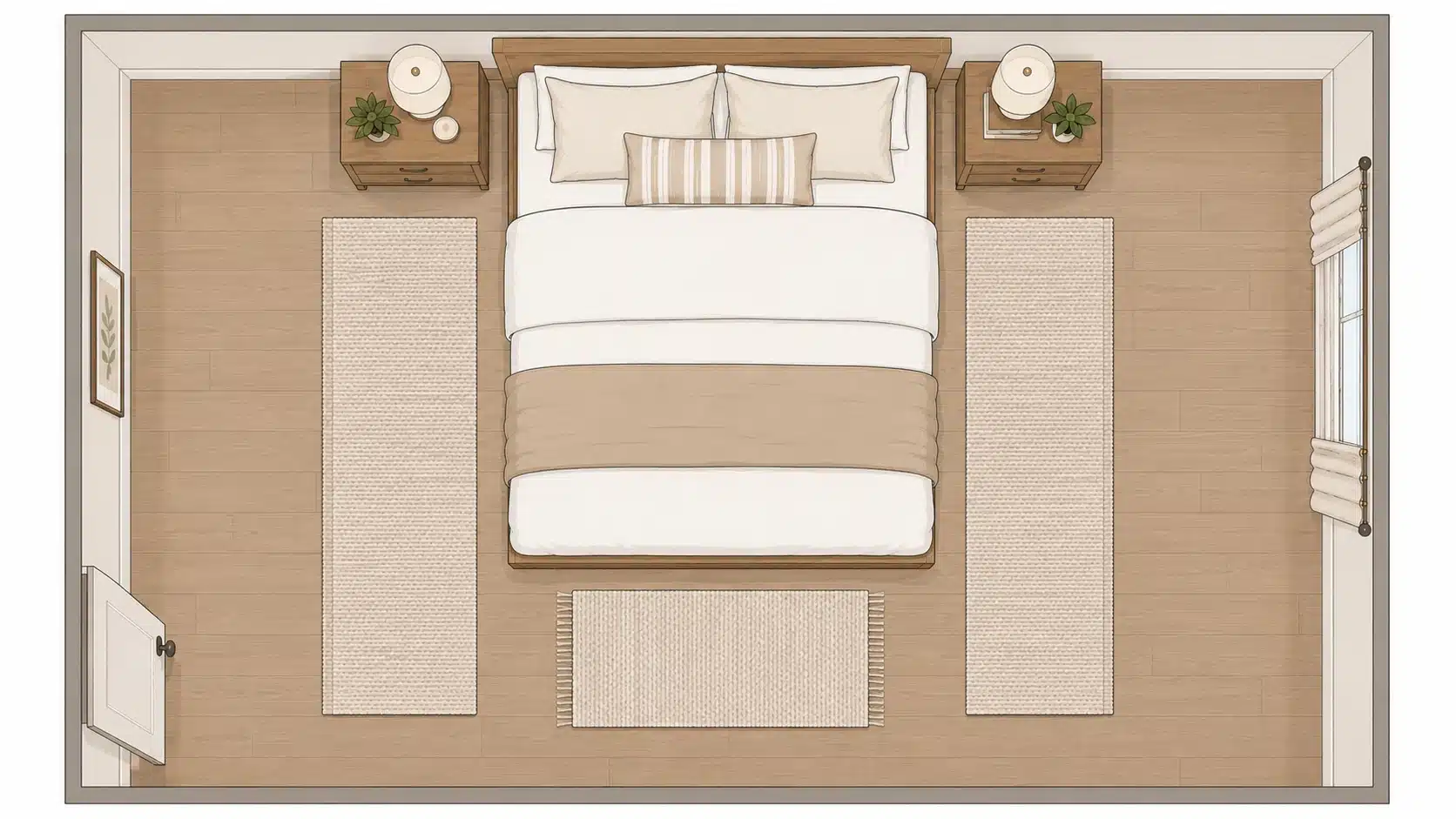 illustrated top view of a queen bed with runner rugs on both sides as an alternative rug layout