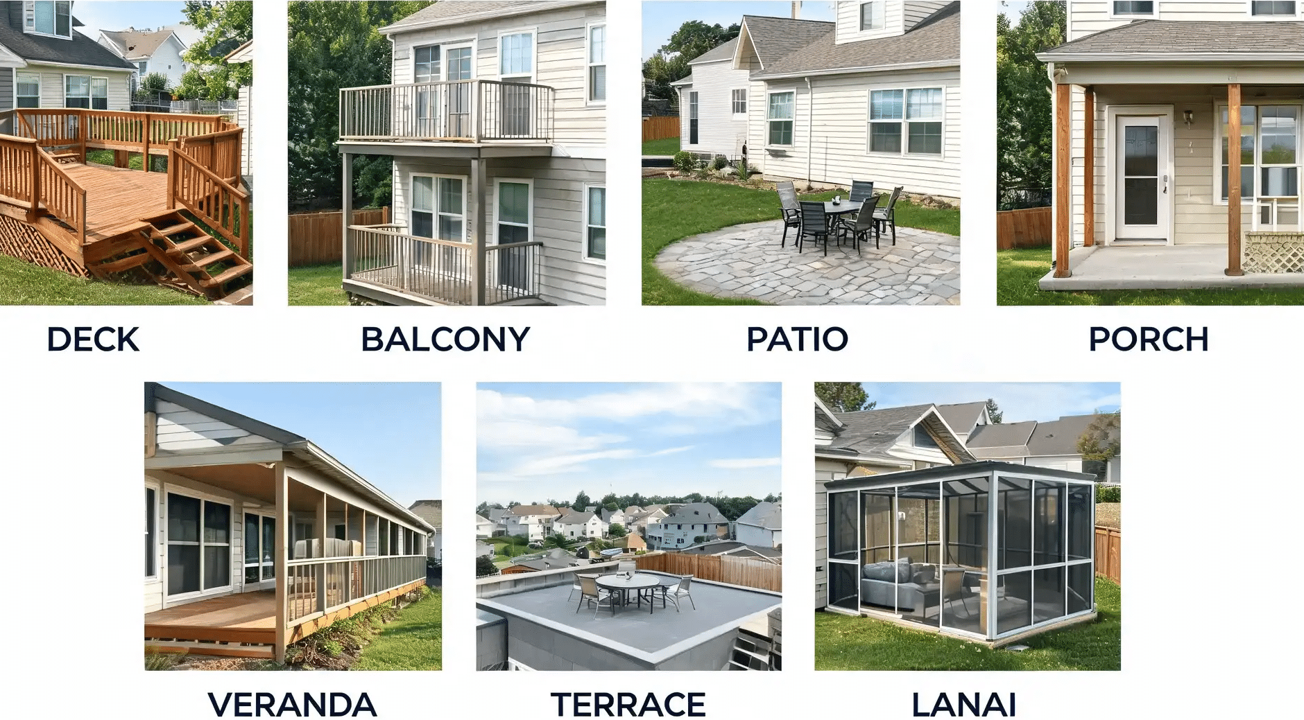 a collage compares outdoor spaces including deck, balcony, patio, porch, veranda, terrace, and lanai layouts