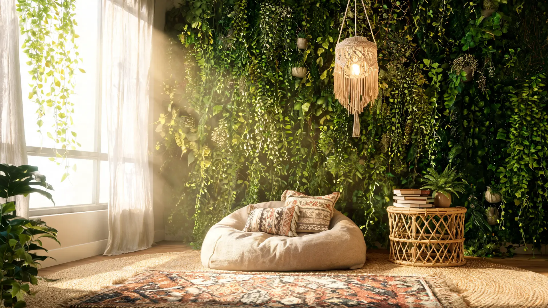 indoor garden reading nook with floor cushion chair side table plants green wall layered rugs and soft lighting