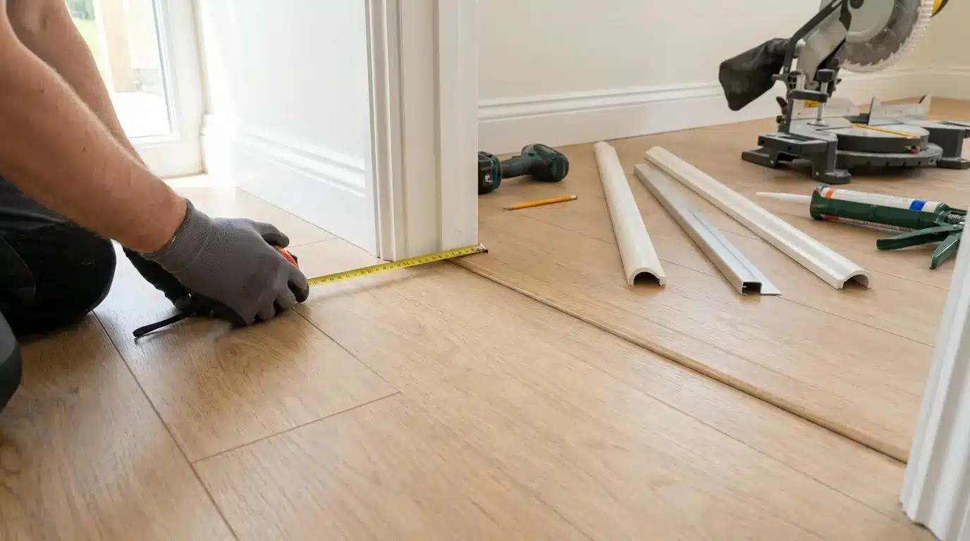installer fitting trim, transition strips, door cuts, and stair nosing around laminate flooring