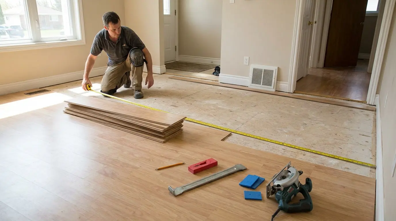 installer measuring laminate planks with tools, trim pieces, and transition strips during flooring labor work