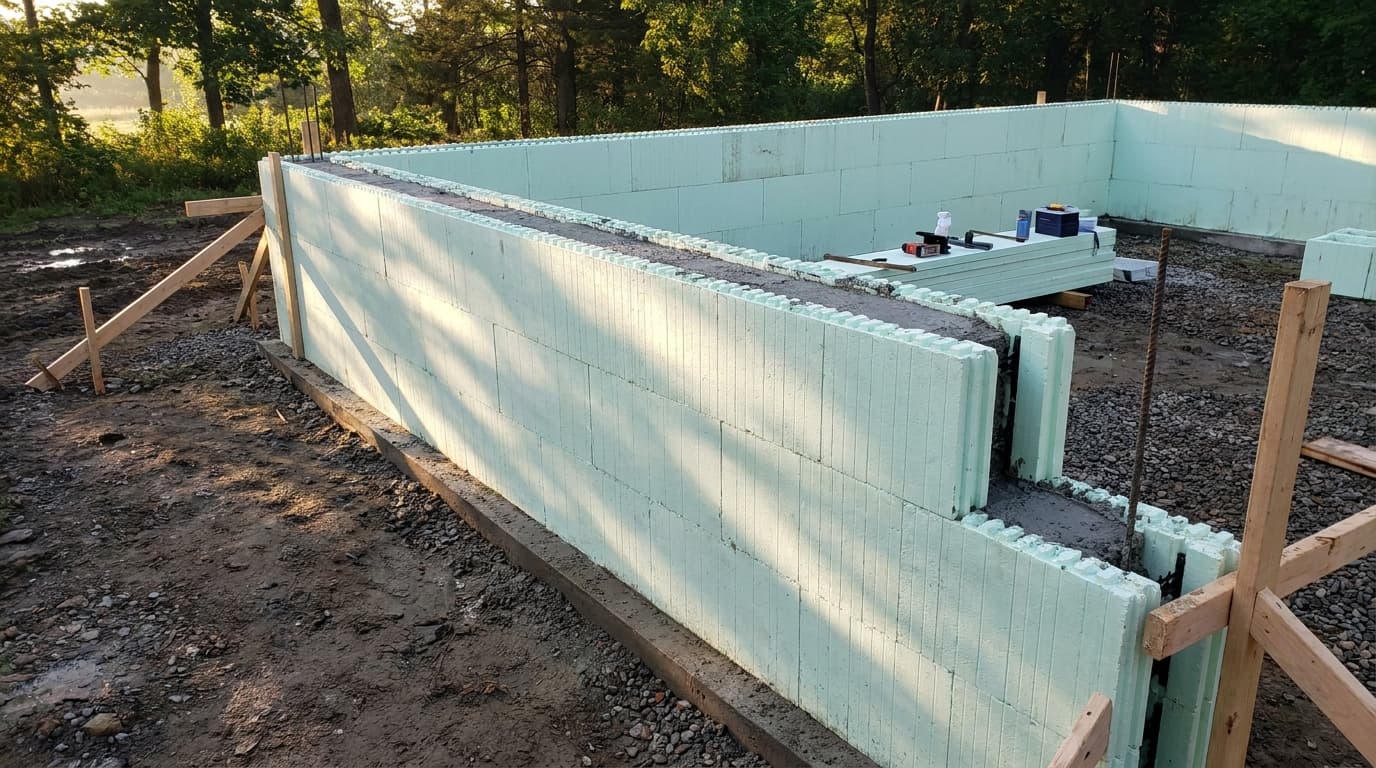 icf foundation with foam blocks filled with concrete forming walls over realistic soil