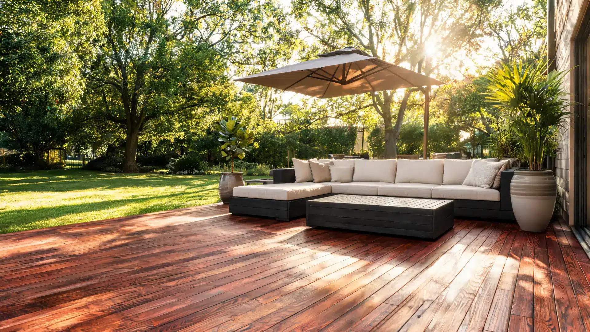 Ipe hardwood deck with rich dark wood grain and lounge furniture in a high-end backyard