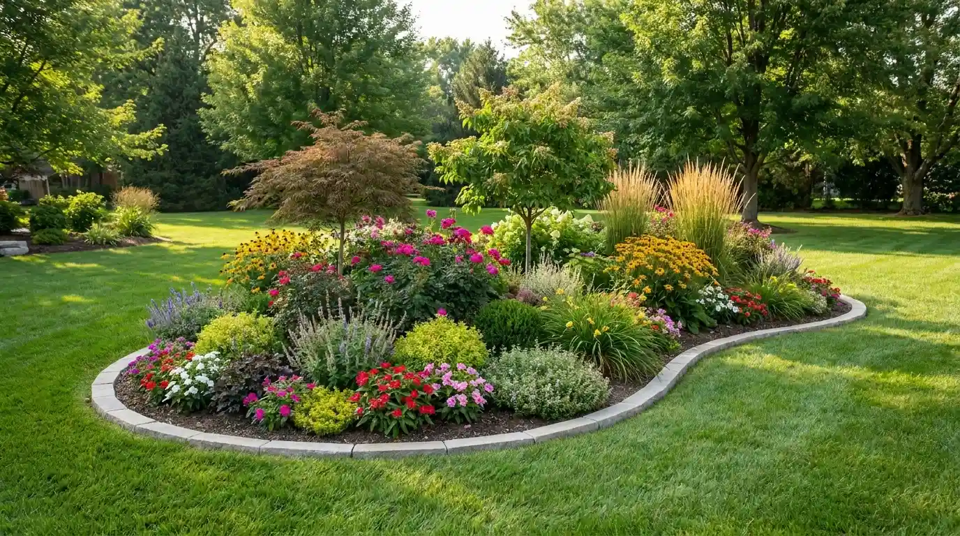 island bed garden with freestanding planted bed in an open lawn