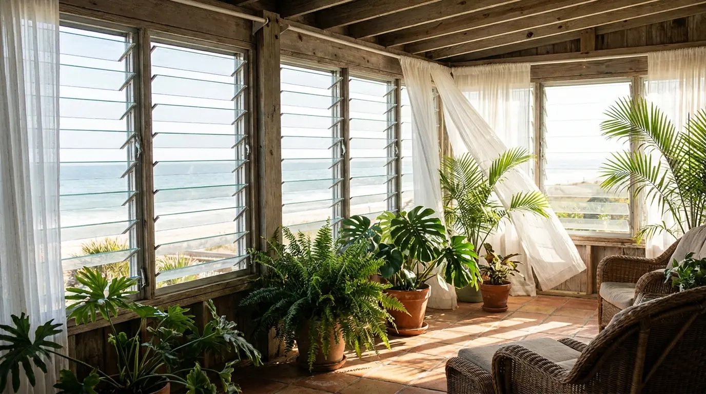 jalousie windows with glass slats open in a coastal sunroom for steady airflow