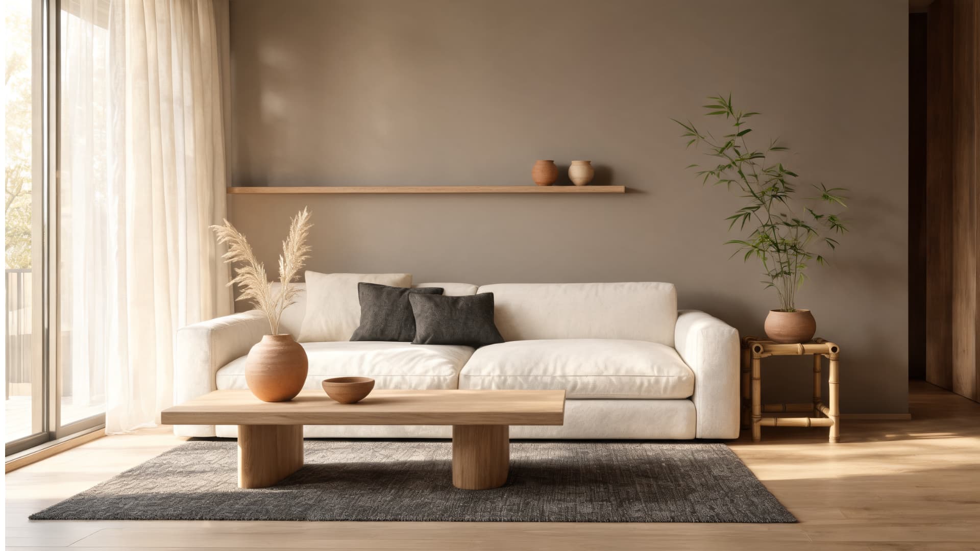 japandi living room with low furniture, warm neutrals, clay decor, bamboo accents, and calm natural textures