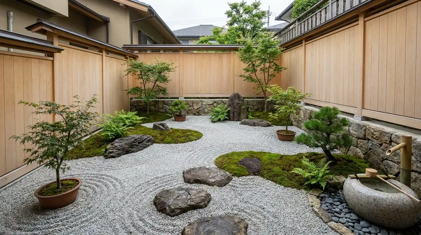 japanese-inspired raked gravel garden with dark stones, moss, simple plants, and calm open space outside