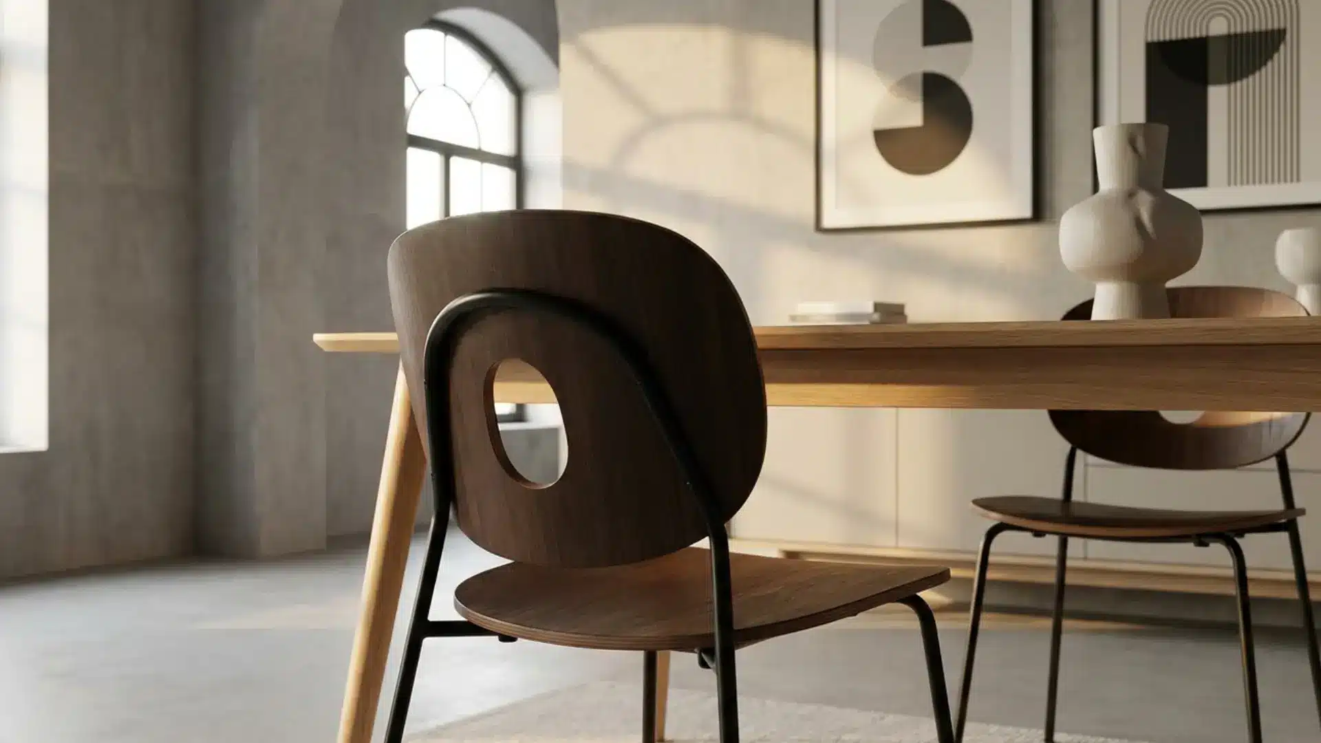 modern keyhole back dining chair with cutout design in minimalist dining room with sleek decor
