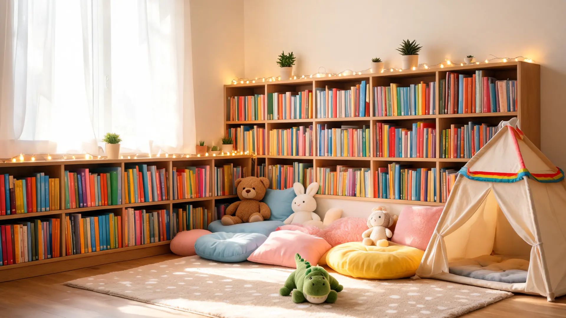 kids reading nook with low shelves colorful books cushions rug and playful decor