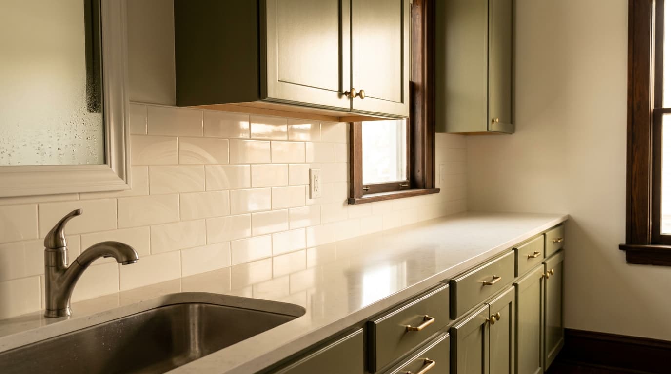 kitchen and bathroom with satin walls and semigloss trim showing clean wipeable surfaces
