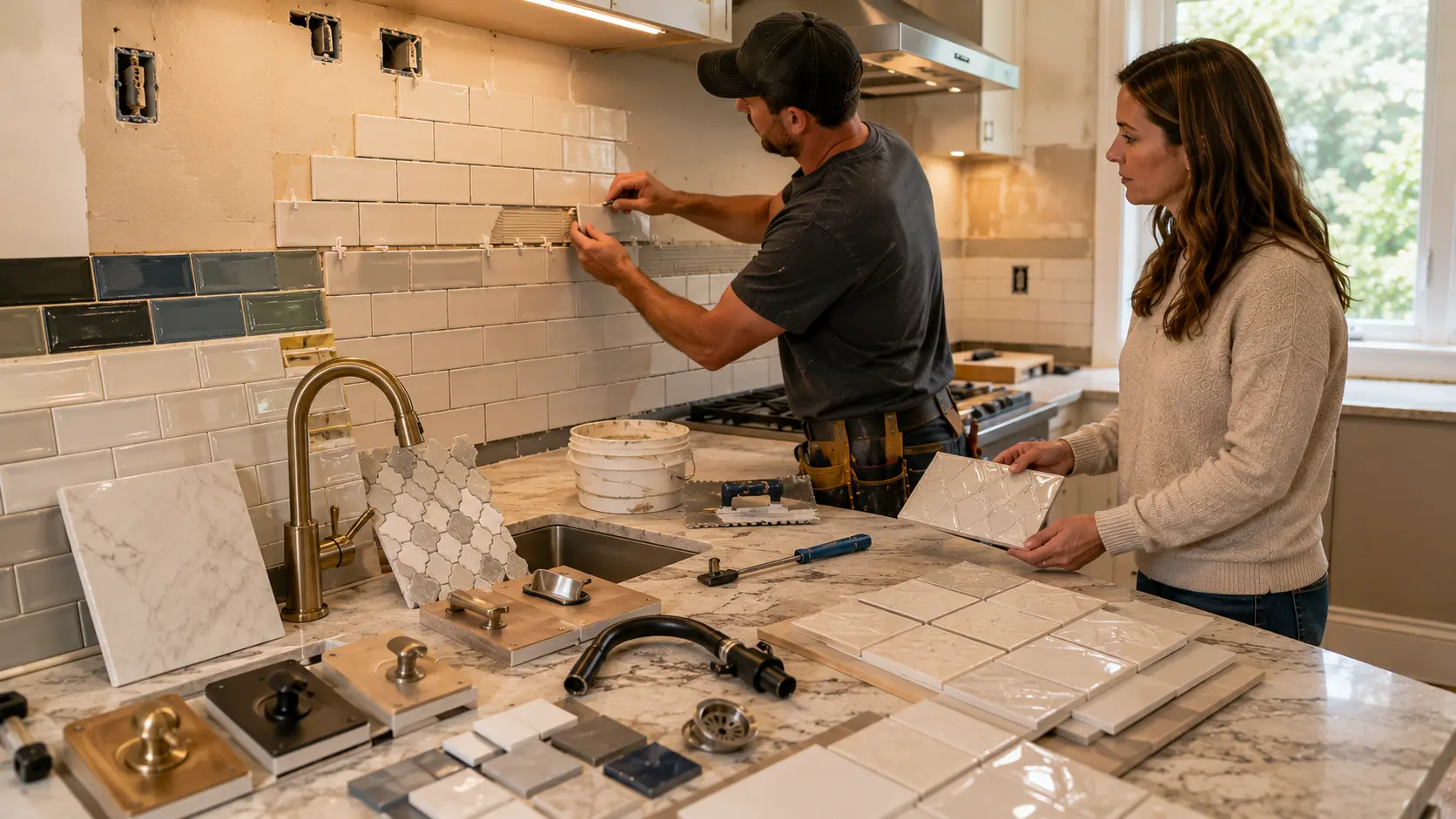kitchen backsplash and fixtures cost with tile and faucet samples