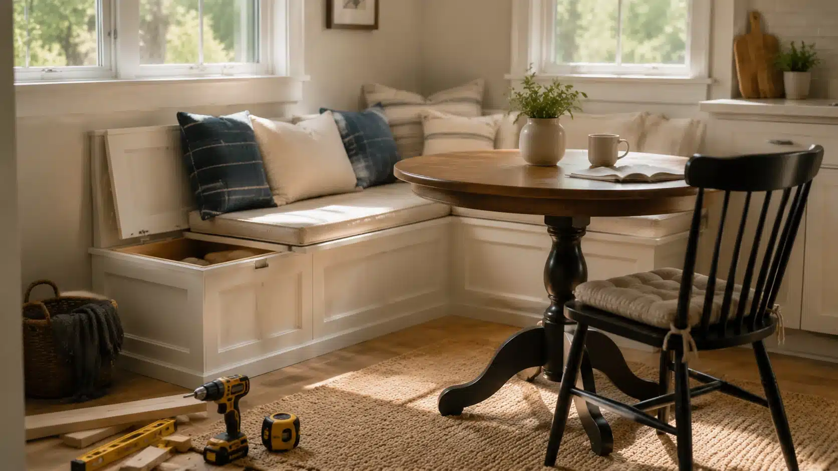 kitchen diy home projects showing built-in breakfast nook bench with cushions, storage lids, small table, and tools