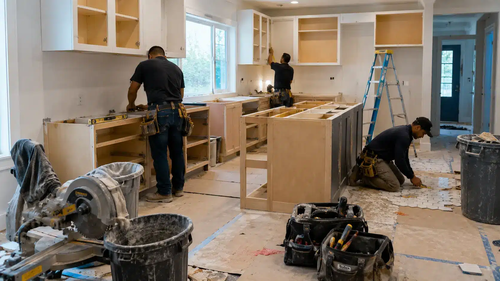 kitchen remodel labor cost with workers installing cabinets (1)