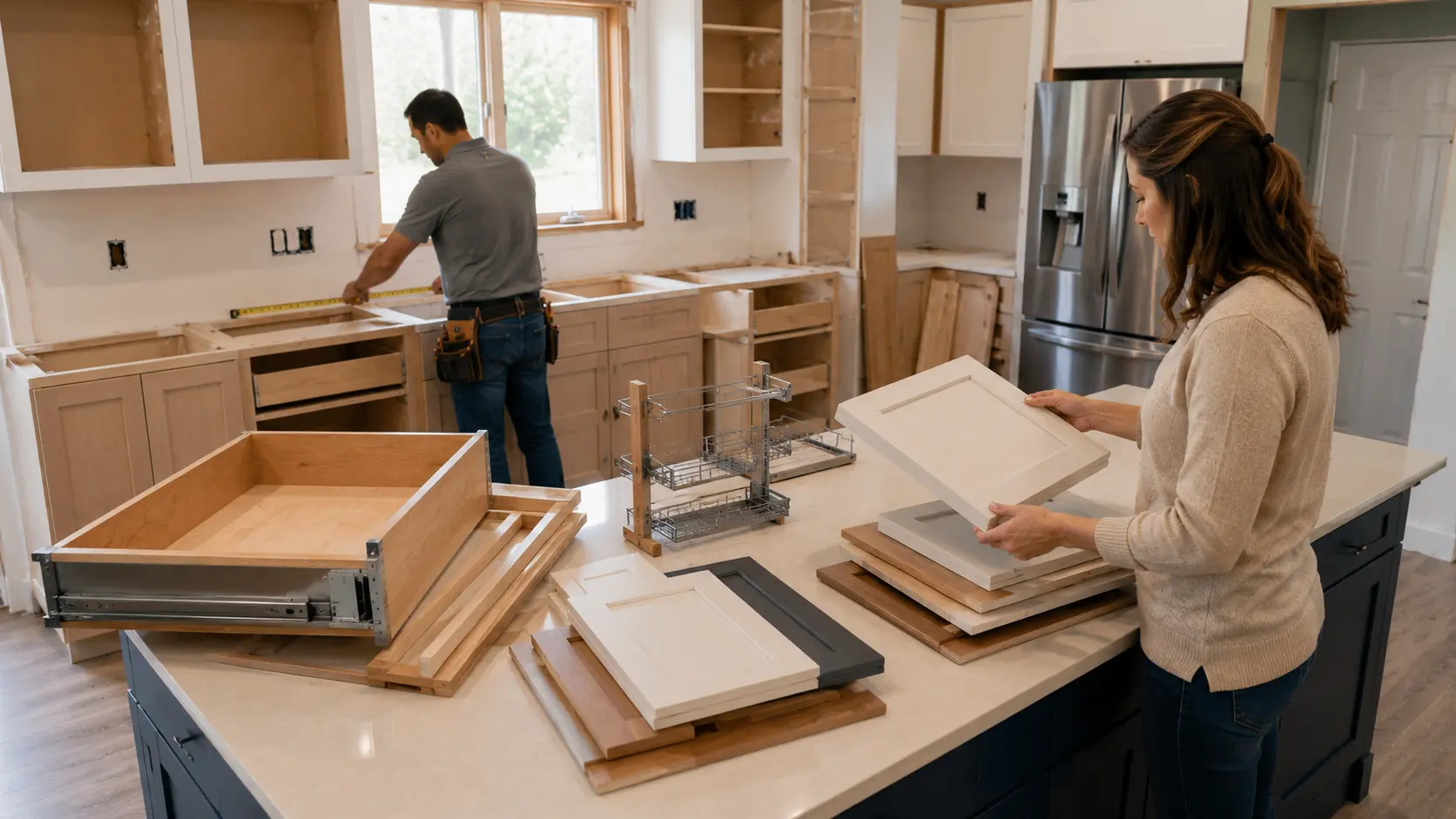 kitchen remodel labor cost with workers installing cabinets