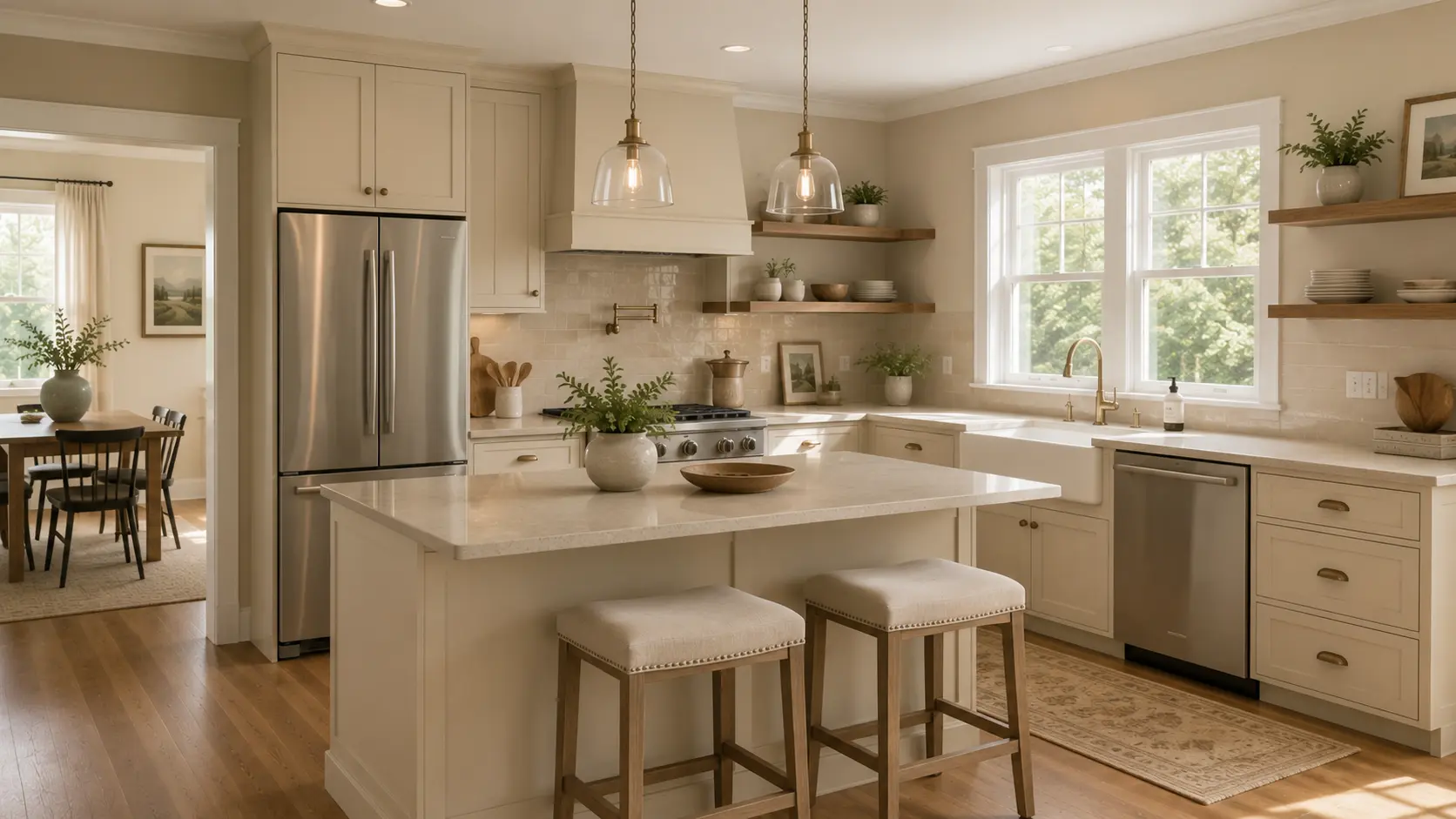 kitchen with bungalow beige walls cream cabinets wood shelves beige tile and brass fixtures