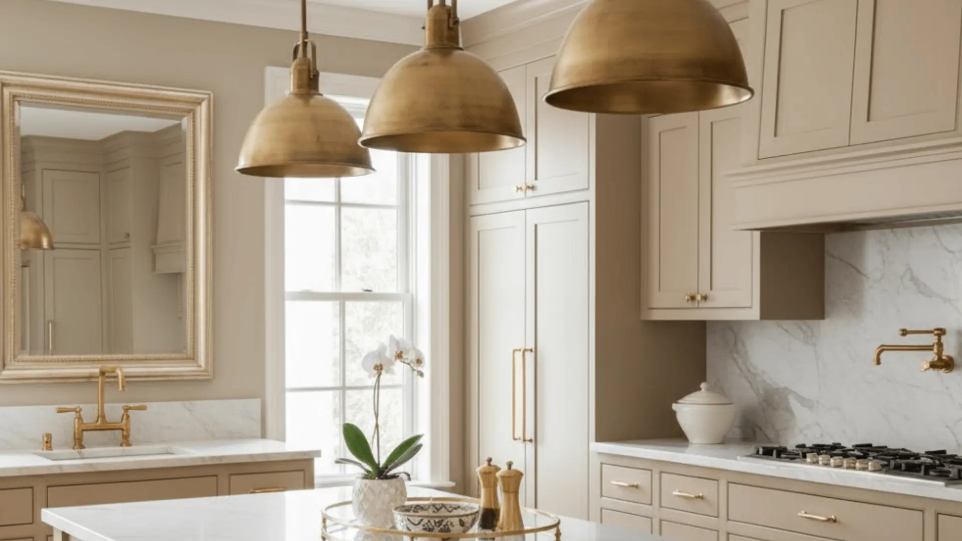 Kitchen with cream cabinets, antique brass pendant lights, marble backsplash, and gold fixtures