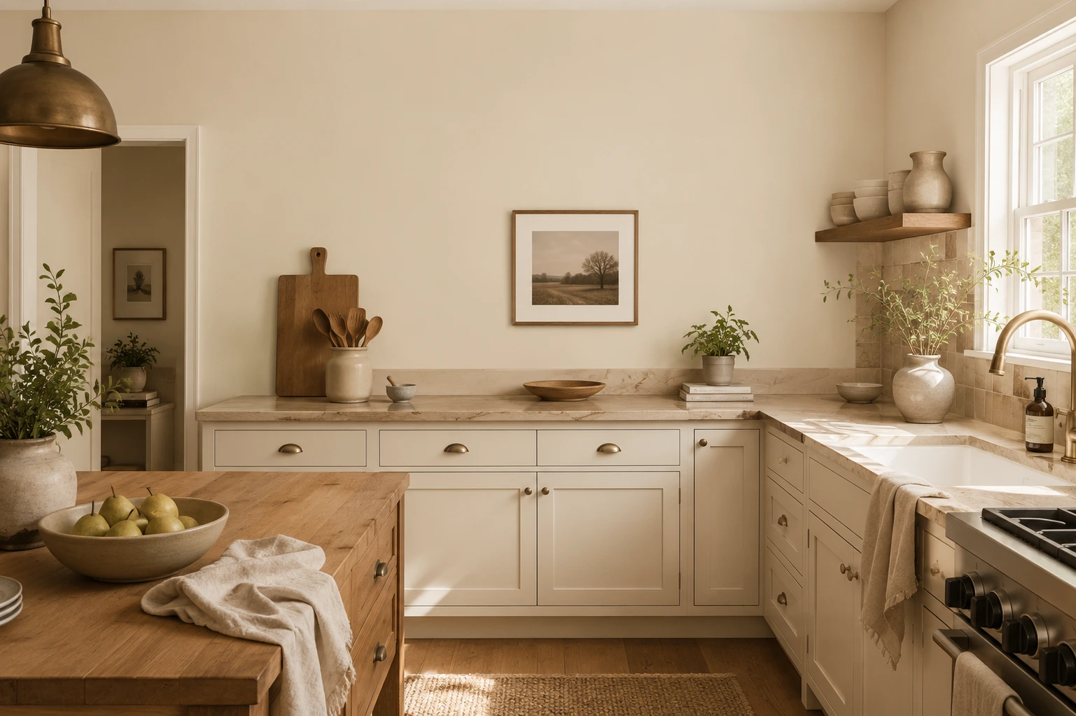 kitchen with manchester tan hc-81 walls, cream cabinets, warm stone counters, and soft natural daylight