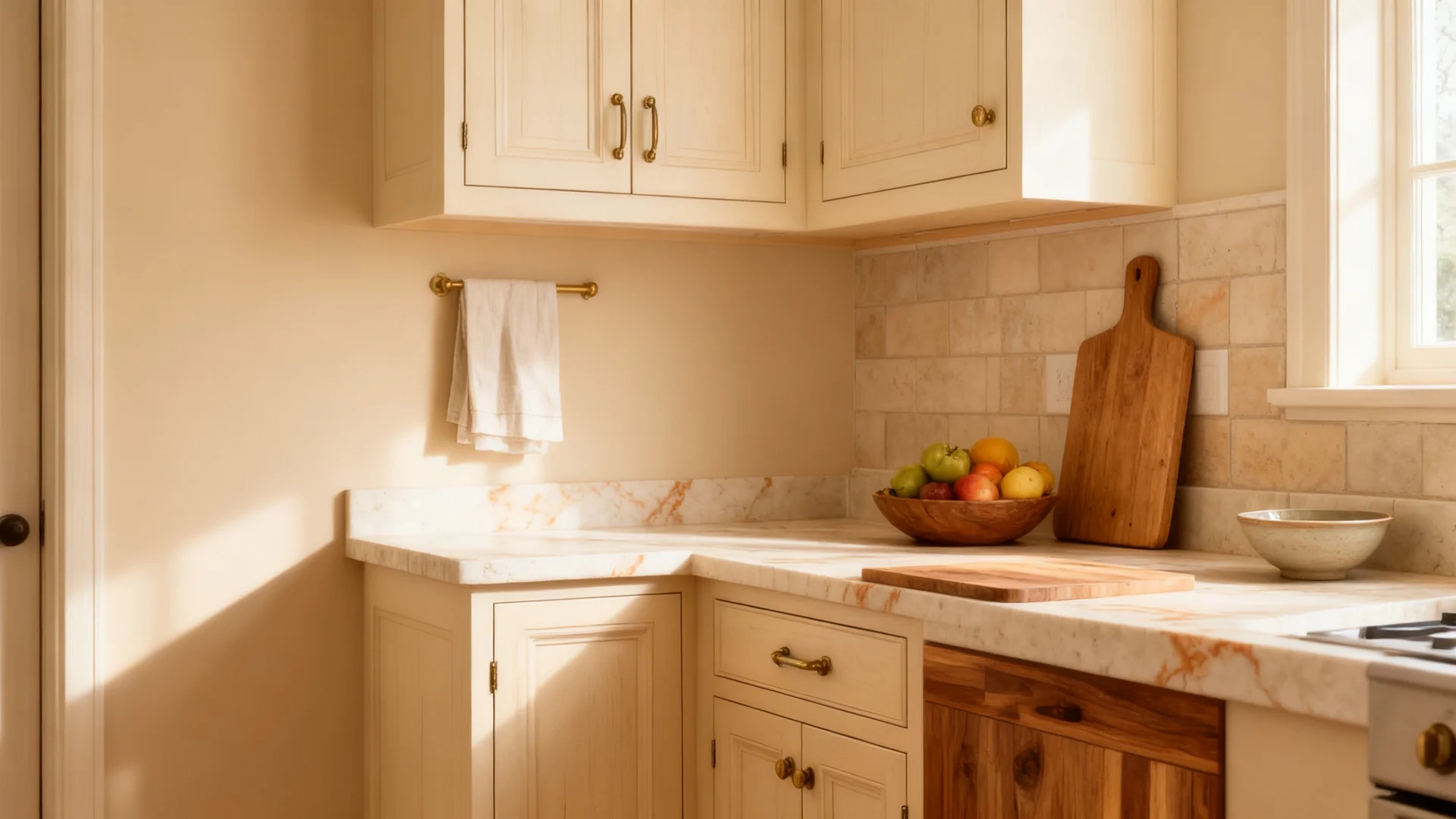 kitchen with natural linen walls, warm cabinets, light stone counters, brass hardware, and soft daylight