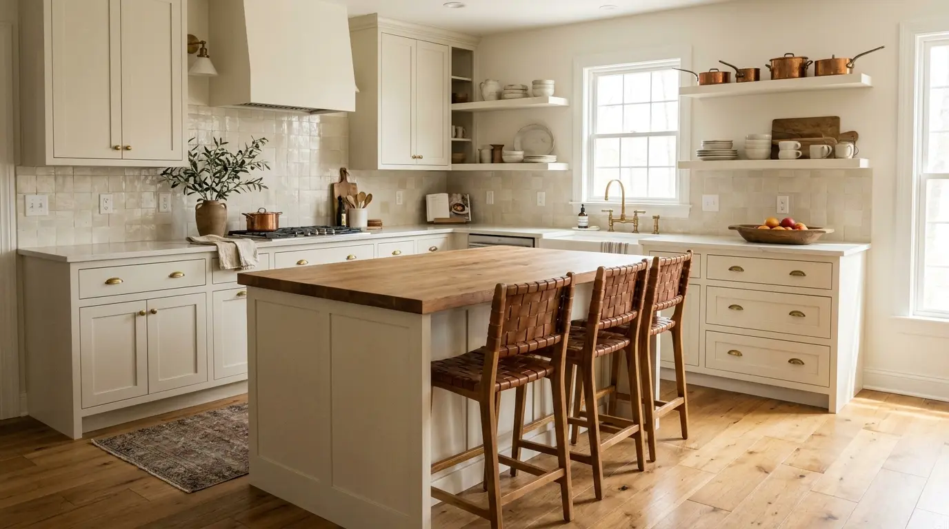 Kitchen with White Duck cabinets, brass hardware, warm wood tones and stone countertops