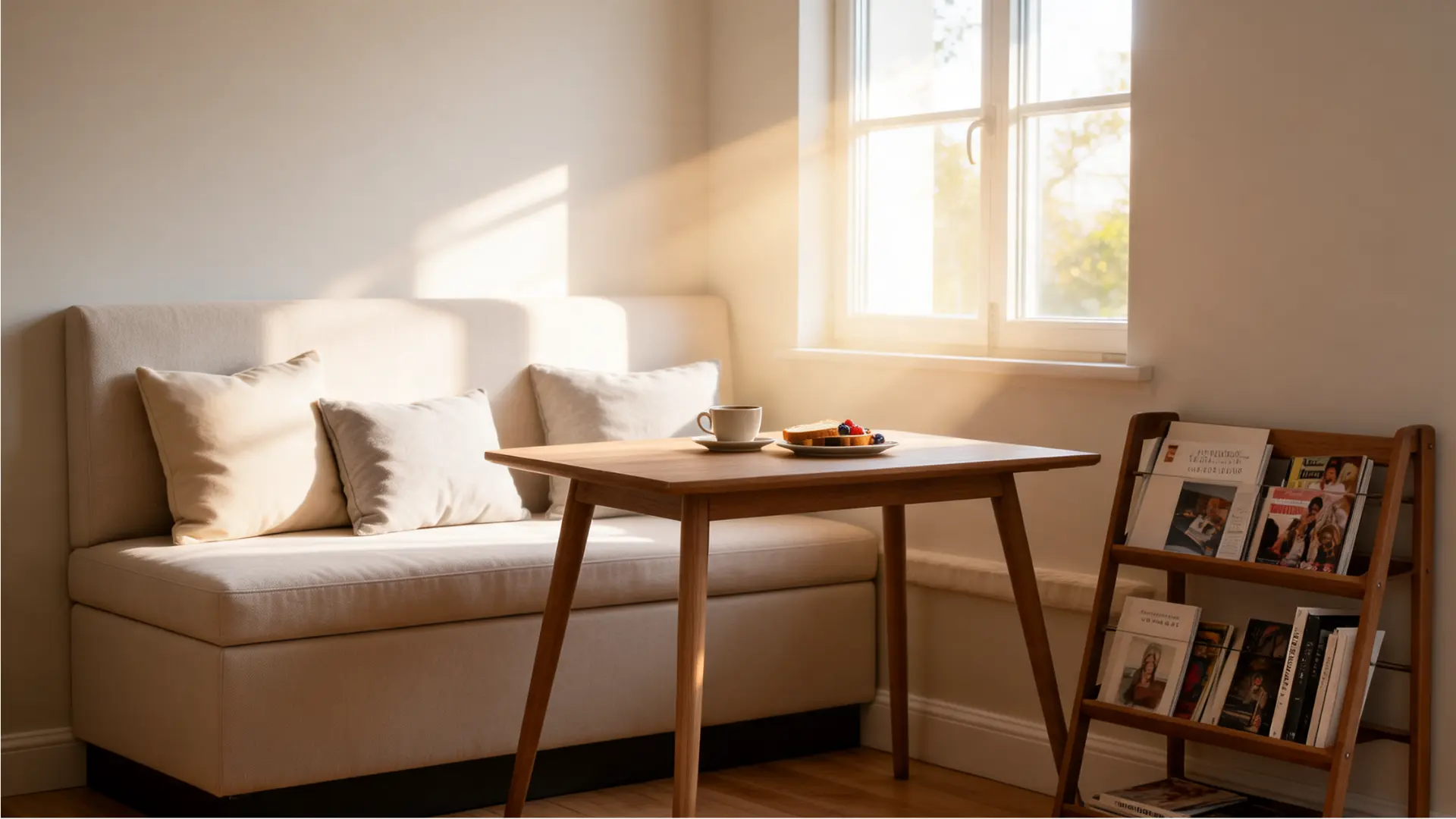 kitchen breakfast nook with banquette seating small table cushions and sunlight