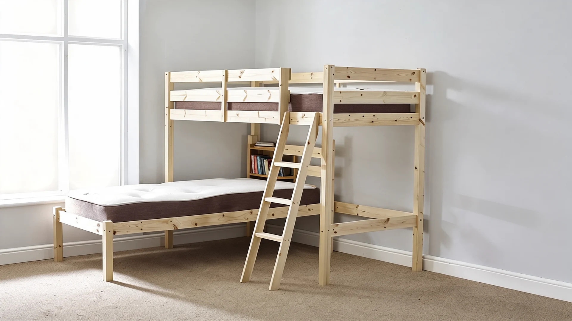 L-shaped bunk beds in a corner kids room with shelves and open floor space