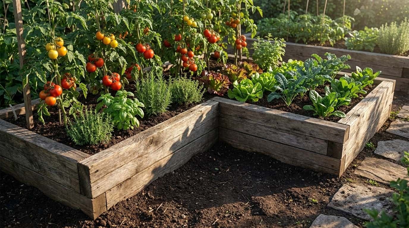 l shaped corner garden with raised beds full of tomatoes herbs and greens (1)