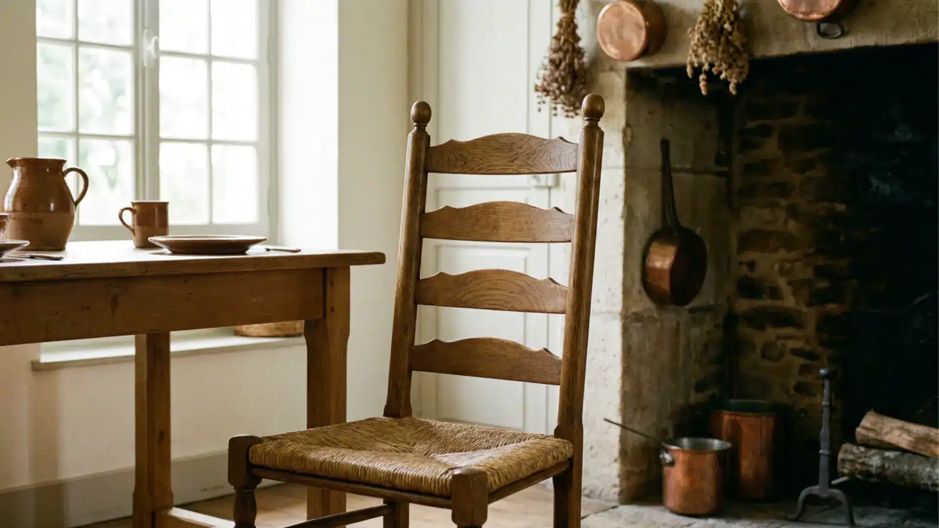 ladder back wooden dining chair in rustic farmhouse kitchen with simple natural wood interior style